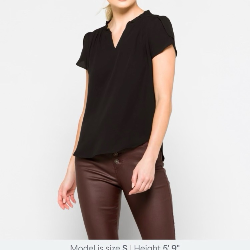 41 Hawthorn Black Ruffle-Trim V-Neck Short Sleeve Blouse - Picture 4 of 4